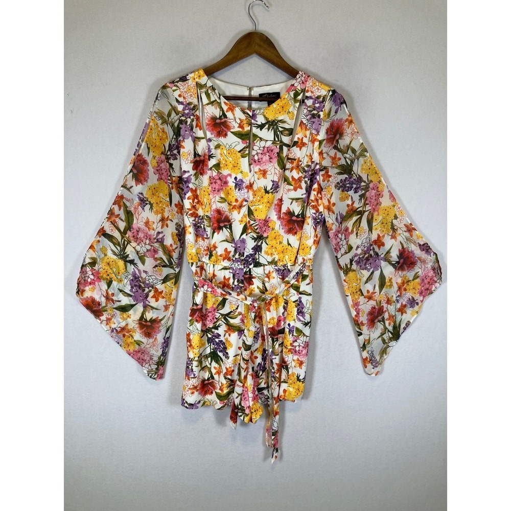 Boho Floral Thalia Sodi Womens Medium White Yellow Split Bell Sleeve Romper Tie